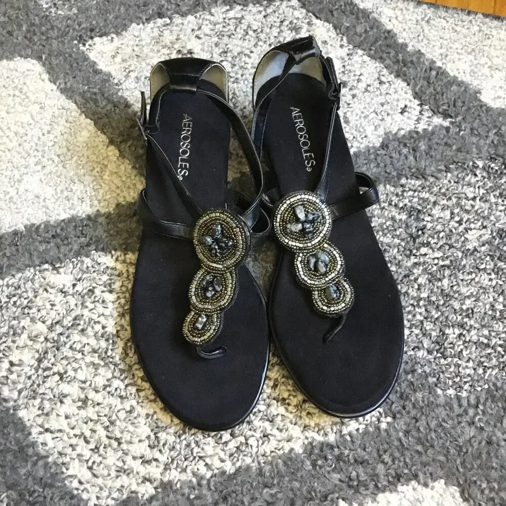 Aerosoles Black Wedge cushion sole Bead Embellished Sandal Sz 10